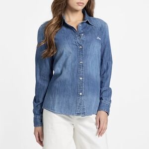 GUESS Women's Blue Denim Long Sleeve Button Front Shirt, size XL